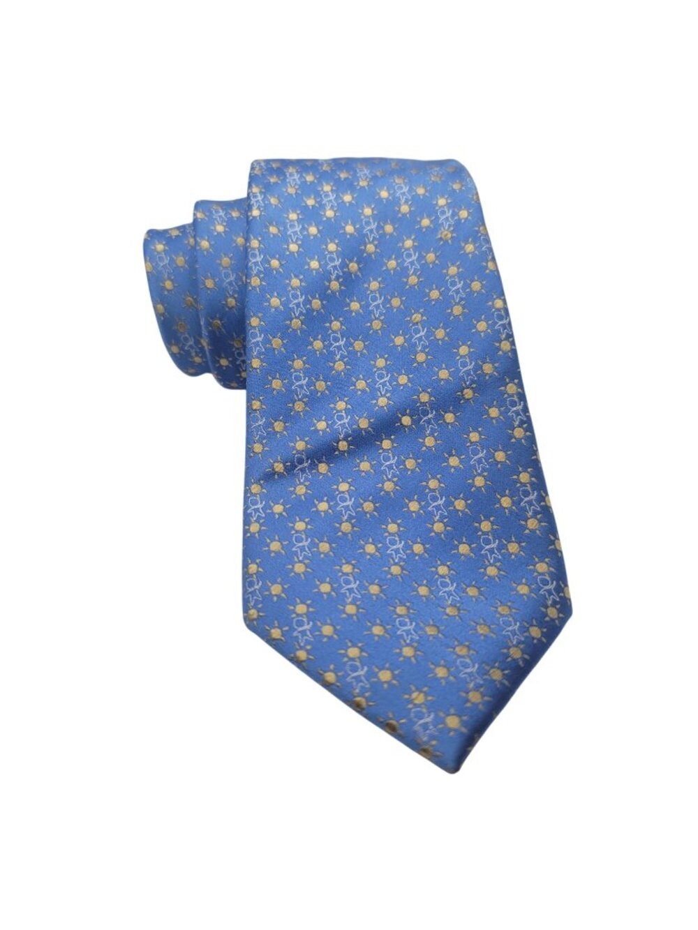 Blue Silk Tie With Gold & White Sun Stick Figure Pattern Mens Accessory